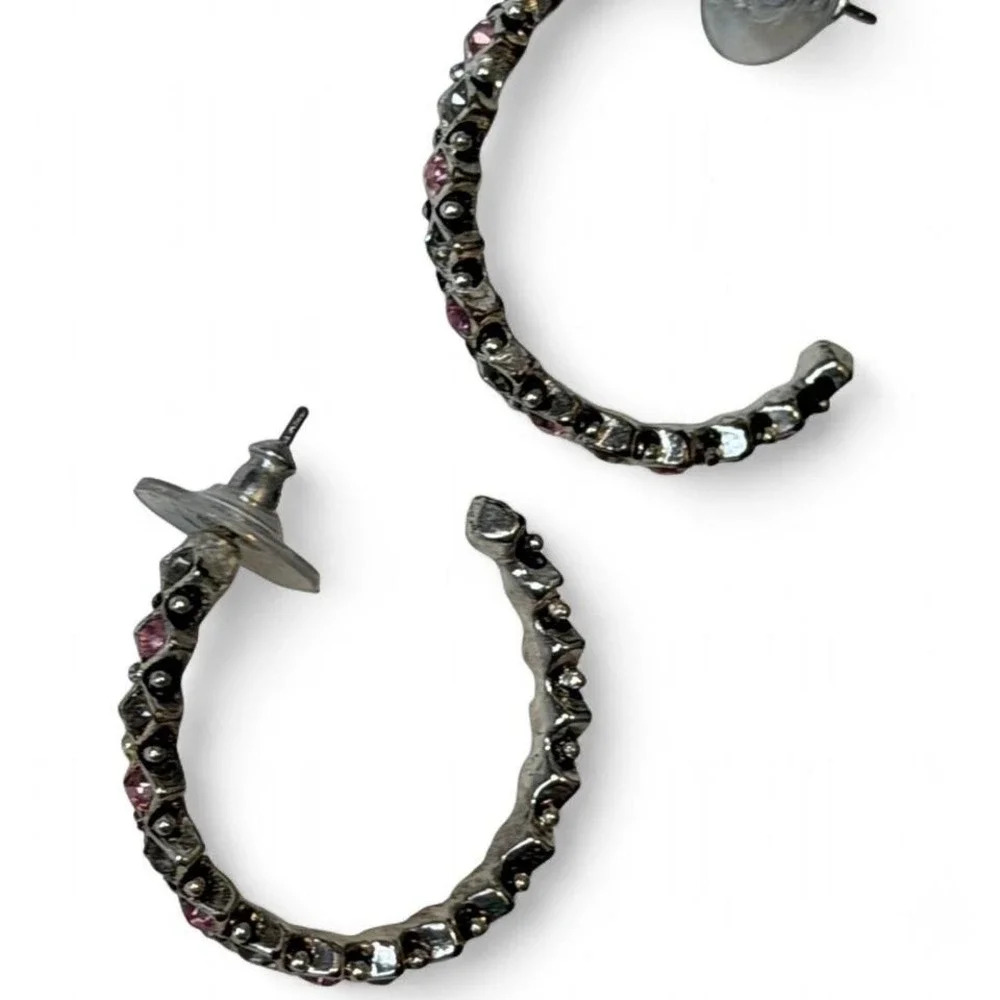 Pink &‎ Silver Rhinestone Hoop Earrings